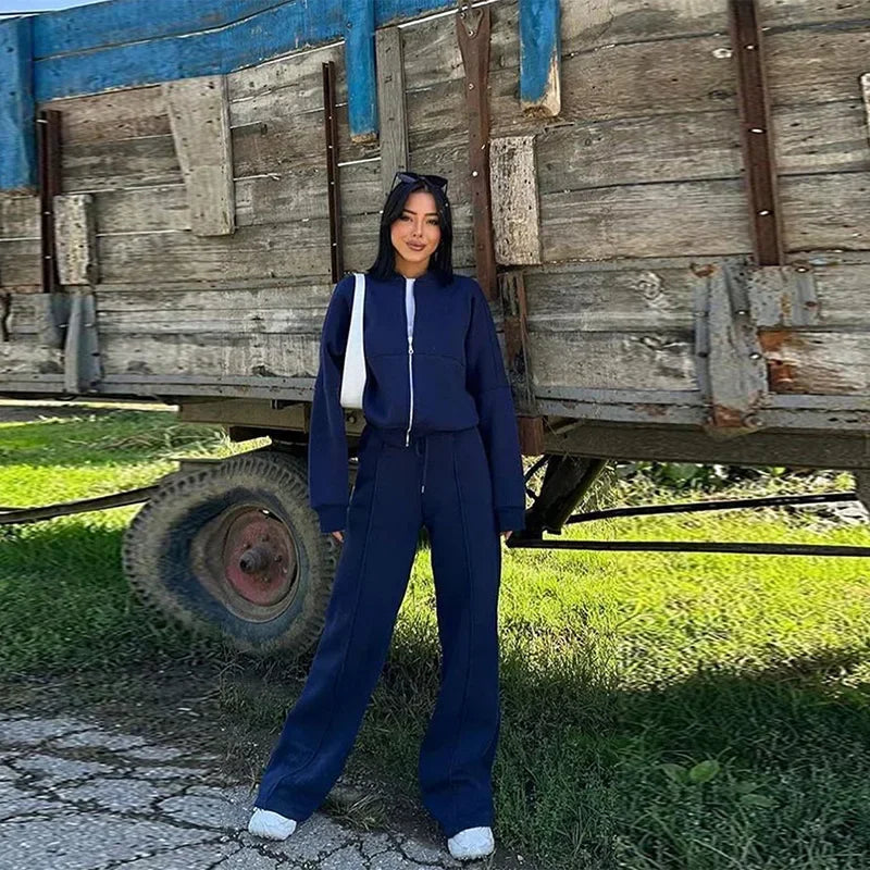 Casual Pants Set Women Spring Autumn Zip Up Jacket Loose Elastic Waist Trousers Suit.