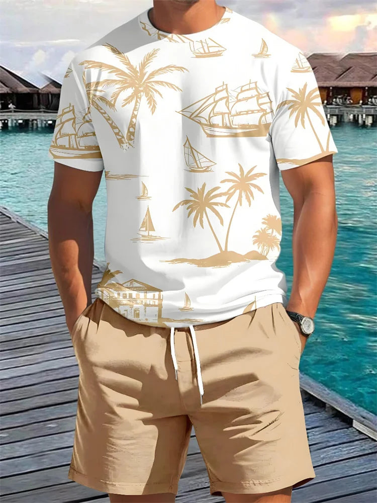 Summer 2 Piece Casual Everyday Men's Short Sleeve Shorts Set Hawaiian Print Men's Beach Shorts Sets.  XS-6X