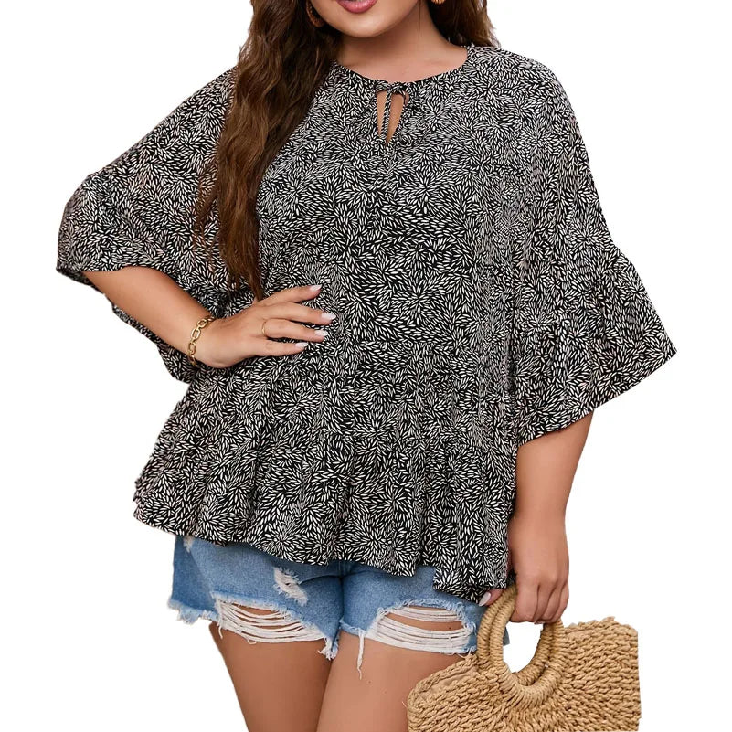 Plus Size Women's Blouse, Printed Round Neck Layered Design Elegant Top.