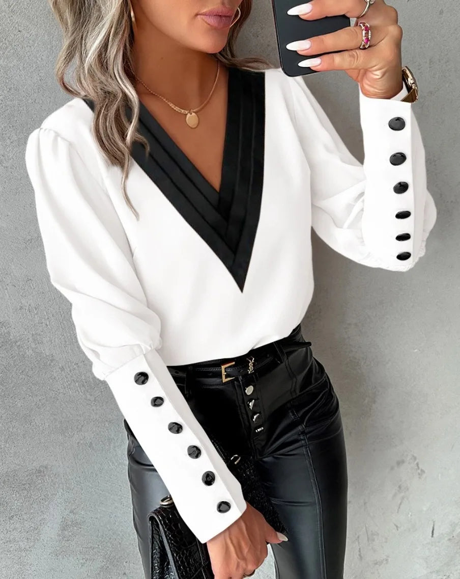 Elegant Women's 2025 New Fashion V-neck Contrasting Loose Long Sleeved Button Women's Shirt.  S-2X