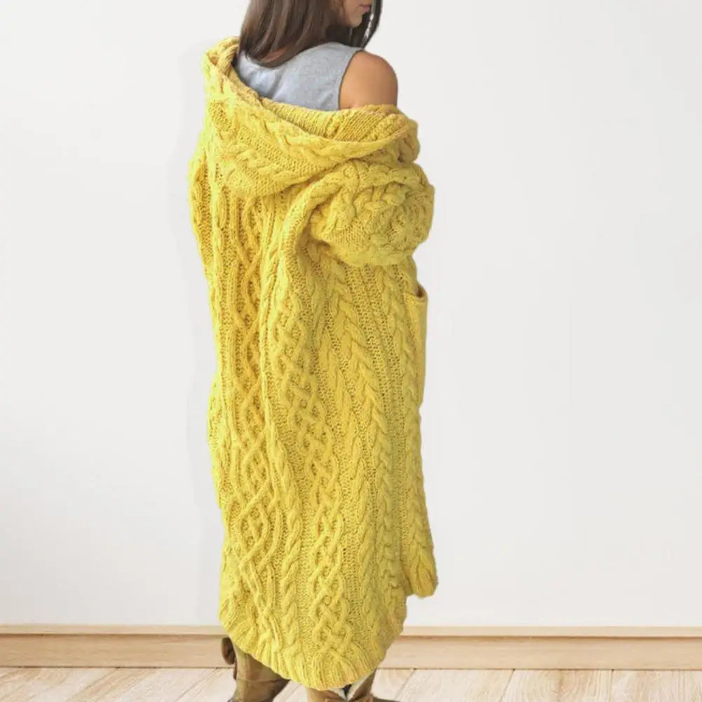 Women Sweater Jacket with Pockets Mid Length Hooded Knitted Twisted Texture Solid Colour Long Sleeve Thick Outerwear.  S-3xl