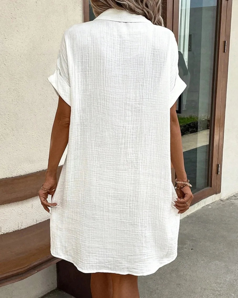 Ladies Summer Solid Simple Short Sleeve Shirt Dress Women's Turn-down Collar Single Breasted Casual Elegant Loose Dress