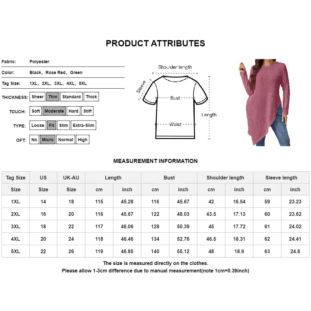 Women's Irregular Hem Ribbed Knit Top Blouses Plus Size Winter Long Sleeve Round Neck Long T-shirts Streetwear Pullovers Clothes