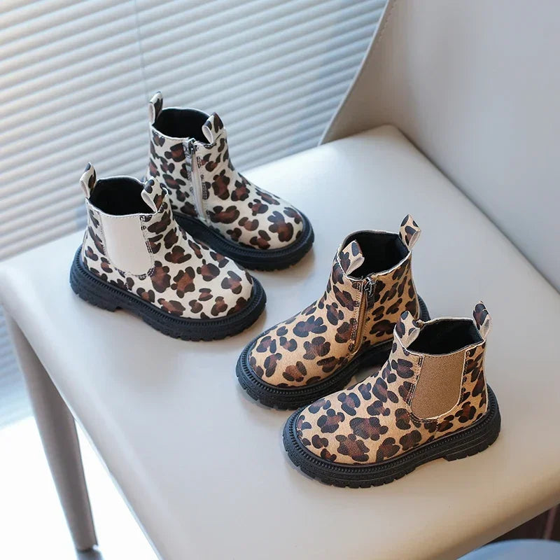Kids Boots Leopard Prints Classic Little Boys Ankle Boots Side Zipper Fashion Classic Unisex Girls Rubber Boots Breathable Warm