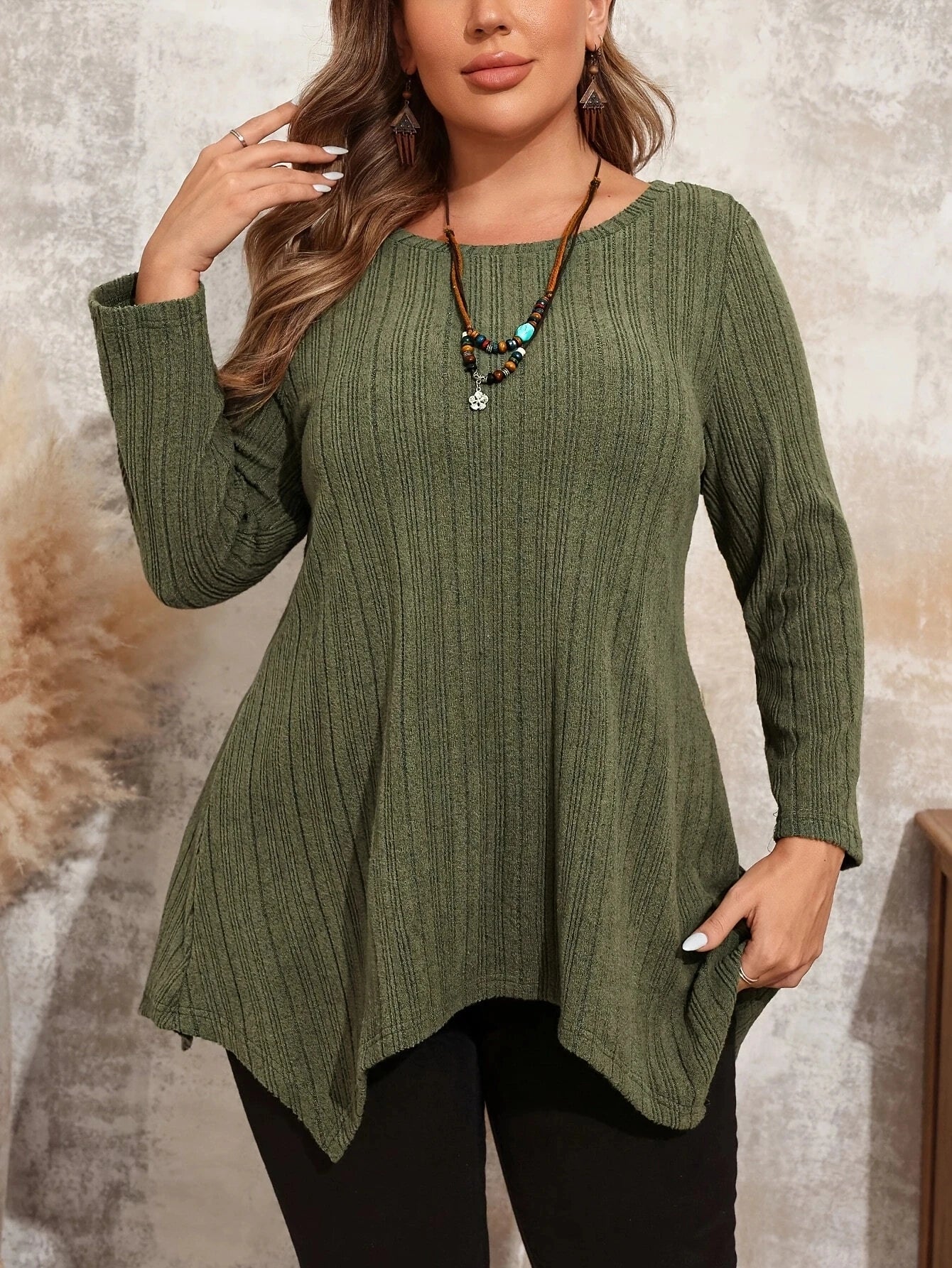 Plus Size Casual Long Sleeve Crew Neck Top For Spring & Fall,