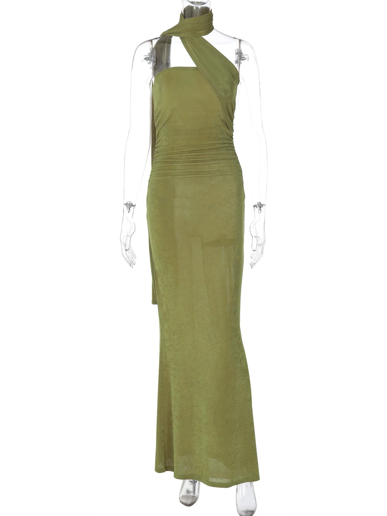 Halter Solid Sleeveless Backless Ruched Sexy Bodycon Maxi Prom Dress Elegant Party Dress.  XS-L