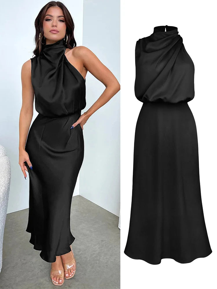 Summer High-End Silk Satin Long Dress Women Fashion Elegant Celebrity Evening Dress.  S-XL