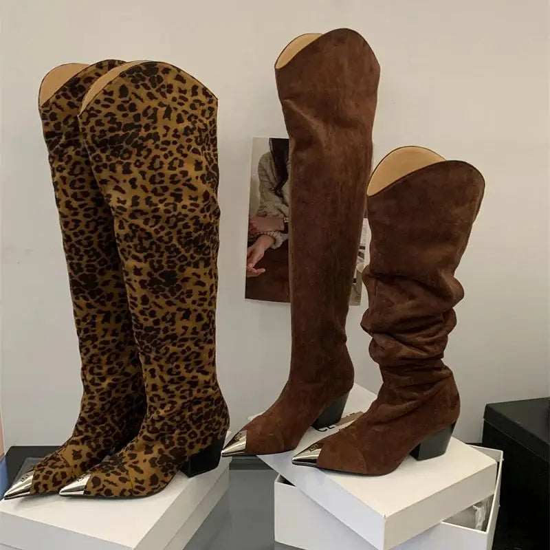 Women's Over-The-Knee Boots - Pointed Toe Chunky Heel with Metal Decoration