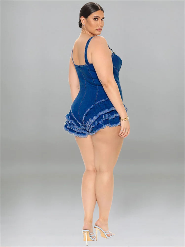 Plus Size Denim Jumpsuit Summer Sexy Slip Zipper Up Fit Romper