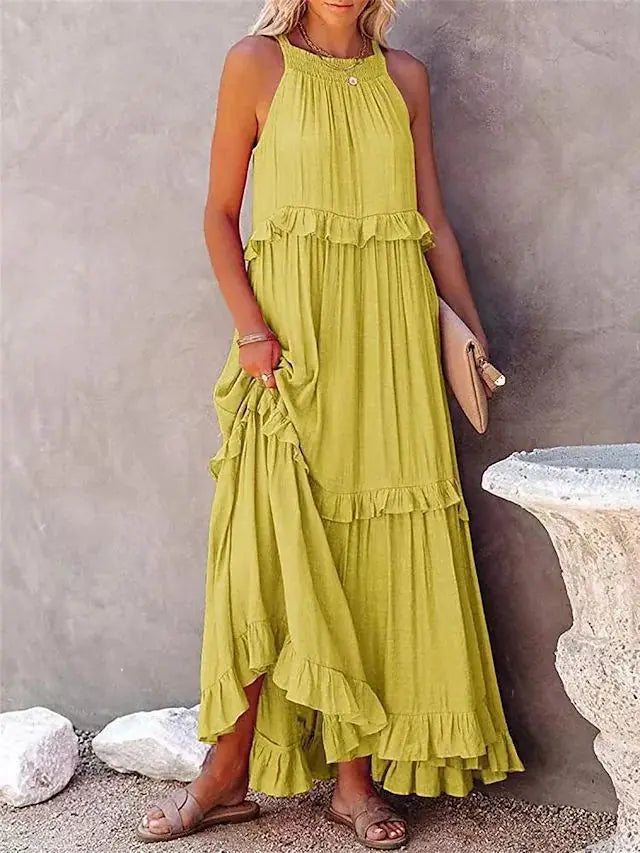Women's Spring Summer New Collection Solid Colour Fashionable Ruffle Edge Long Dress.  S-xxL