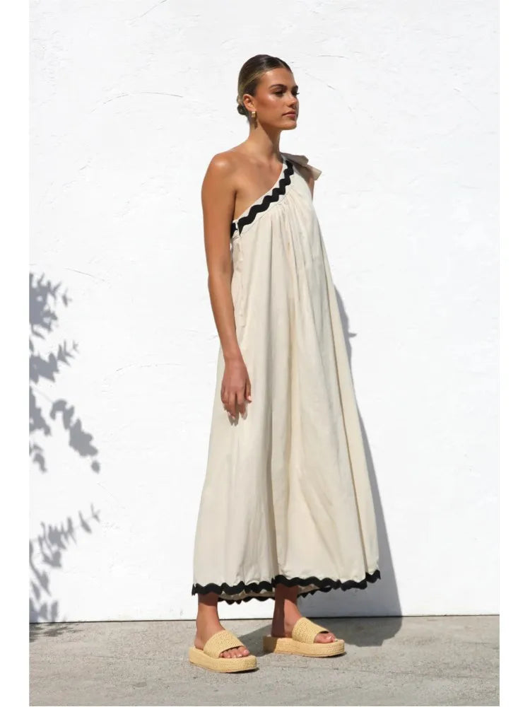 Casual Dress 2025 Summer New French With Sloping Shoulder Style Long Dress.  S-XL