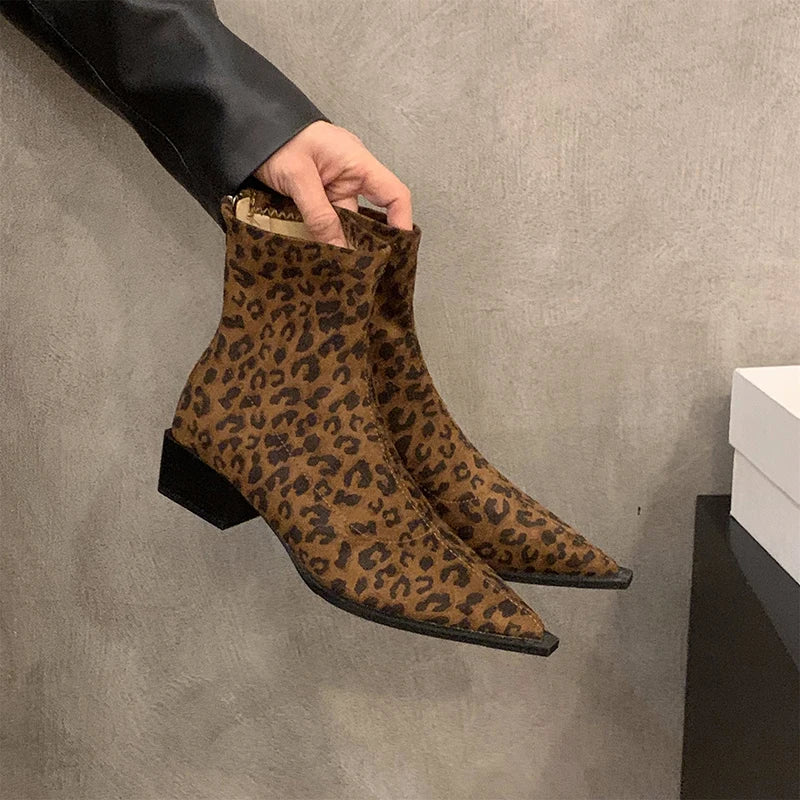 Designer Leopard Women Ankle Boots Fashion Pointed Toe Short Booties Ladies Concise Square Heels Shoes