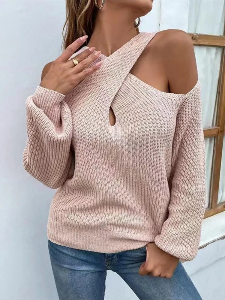 Women's New Solid Colour Shoulder Drop Cross Neck Sweater Lantern Sleeve Knitted Sweater.