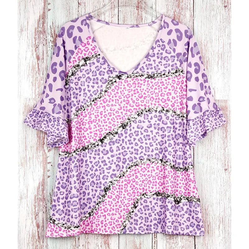 Plus size women's casual fashion V-neck short-sleeved shirt plus size women's