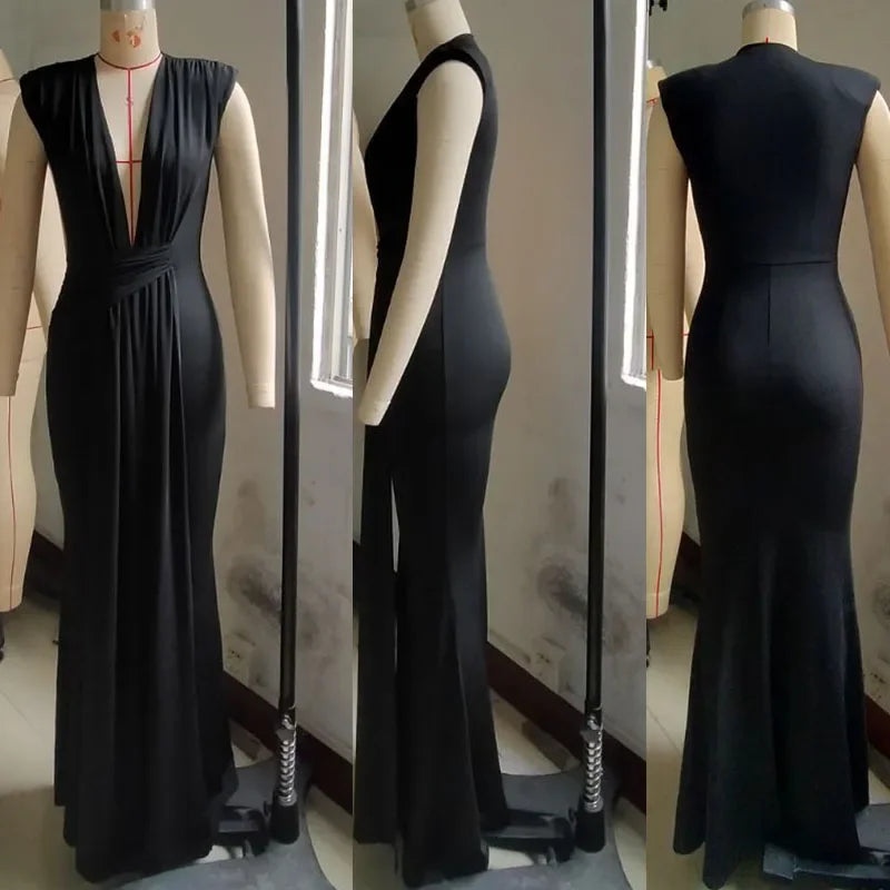 Elegant Ruched Body-con Maxi Dress for Women Party Evening Deep V-neck Sheath Celebrity Formal Long Dress.  S-2X