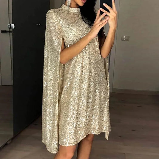 Sexy Party Sequin Glitter Cloak Sleeve Elegant Woman Dress 2025.  S-2X