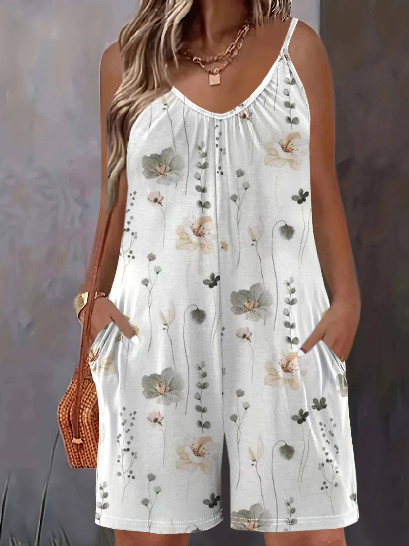 Plus Size Allover Print Romper Jumpsuit, Casual Pocket Ruched Sleeveless Romper.