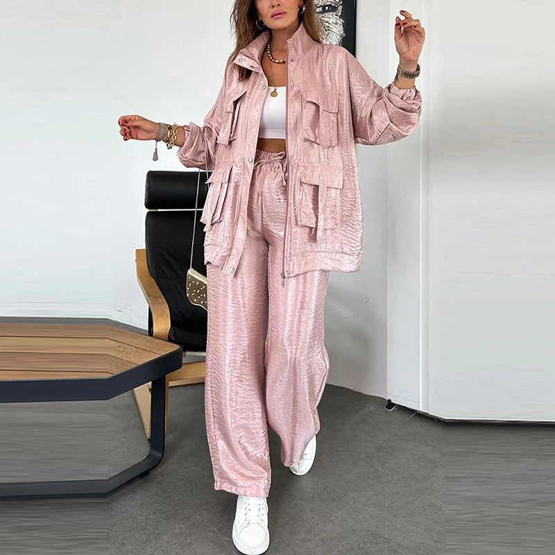 Women Casual Pocket Loose Sport Outfit Fashion Stand Collar & Long Pants Suit Elegant Long Sleeve Solid Colour 2Pc .