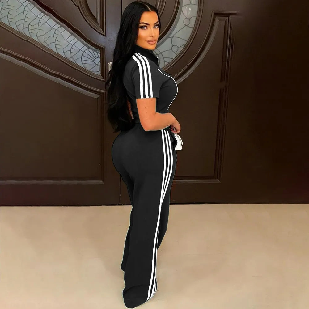 Fashion Casual Short Hoodie 2 Piece Women Short Sleeved Sport Shirt Stripe Splicing Long Pant Suit.  S-2X