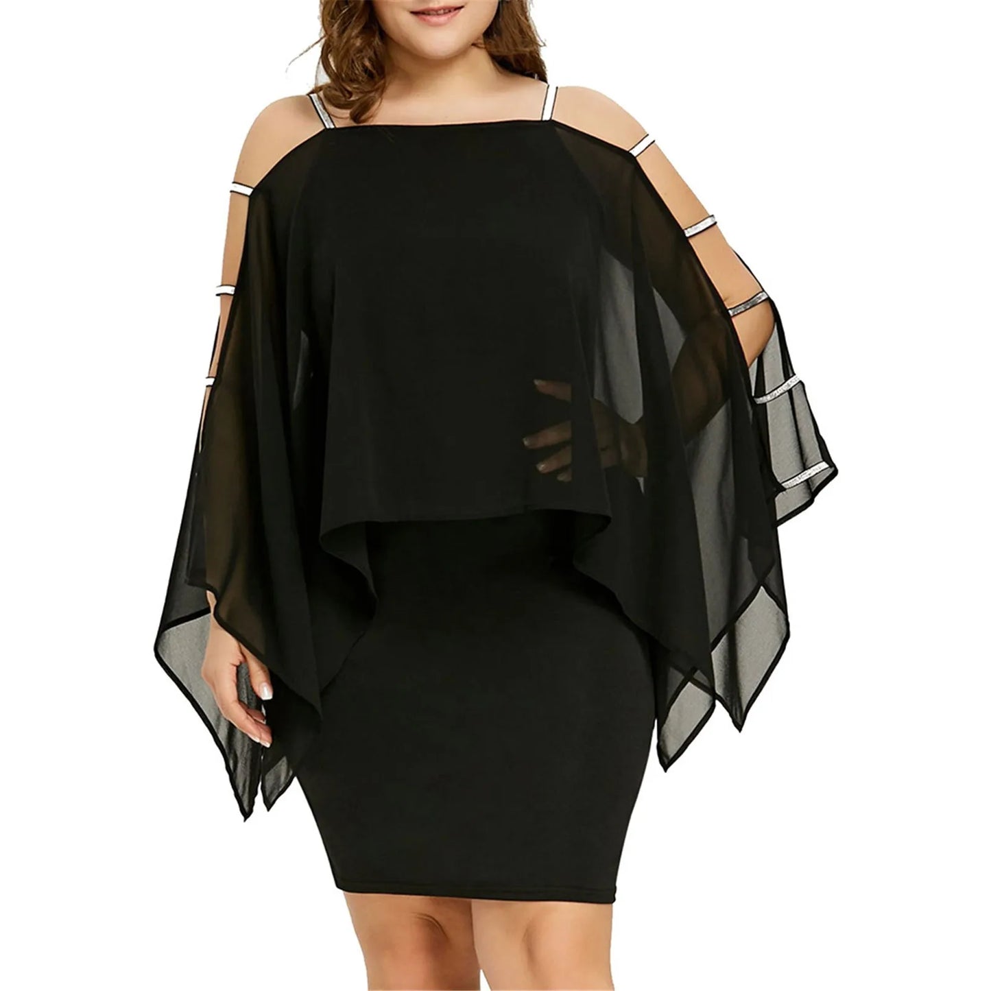Womens Plus Size Ladder Cut Overlay Asymmetric Chiffon Mini Dress