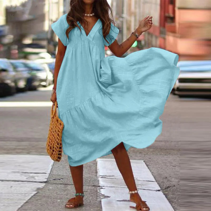 V-Neck Short Sleeved Loose Dress Women's Solid Colour Vacation Dresses Summer Casual A-Line.