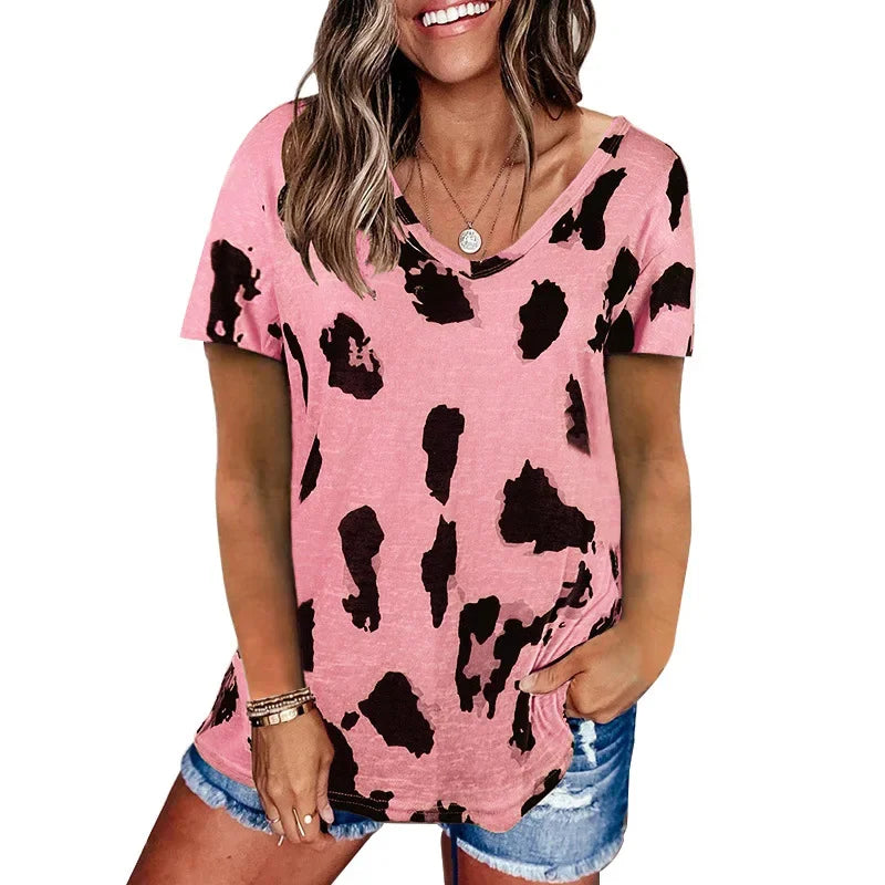 Summer Hot Sale Of The Season Women's Loose Casual V-neck Short Sleeve Leopard Print Top Fashion Style