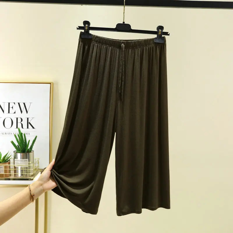 Plus Size Capri Pants Women's Summer Loose Fit Wide Leg Elastic Waist Casual Wear