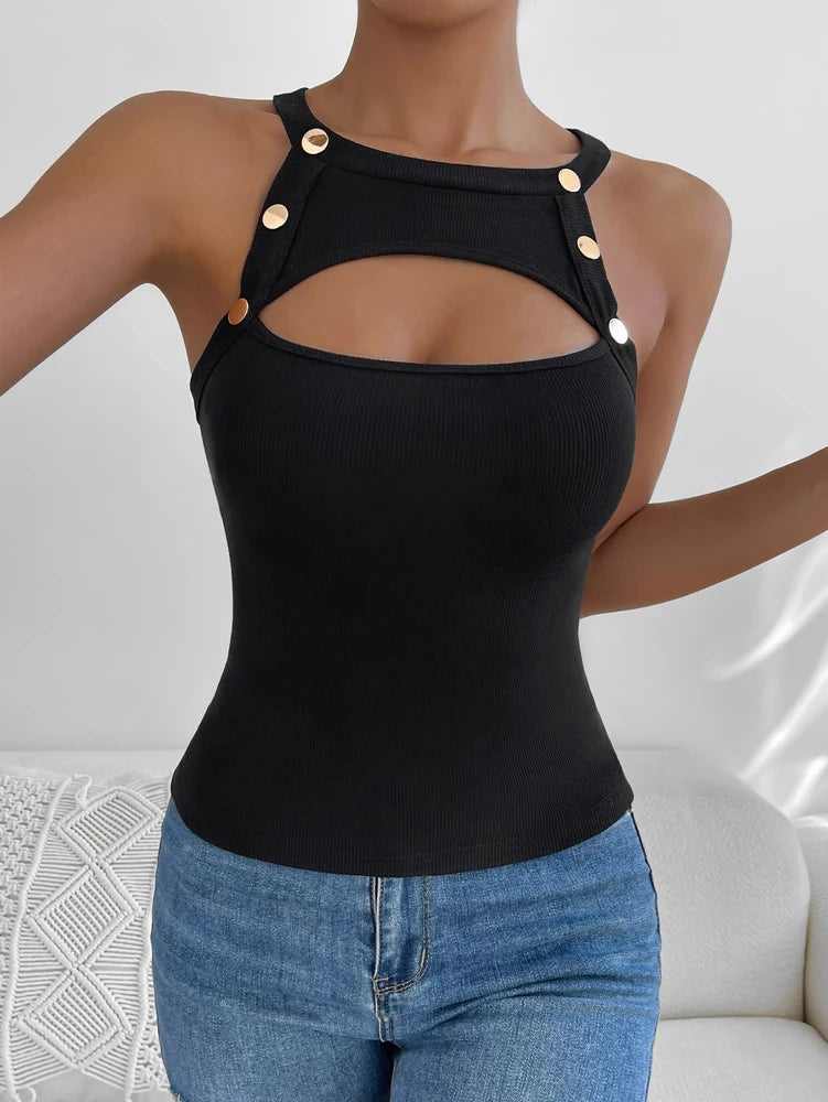 Plus Size 2025 Summer New Front Cutout Button Detail Top