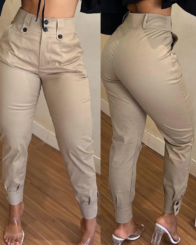 Ladies High Waist Slim Fit Khaki Casual Long Pants Fashionable Trendy Versatile Pants