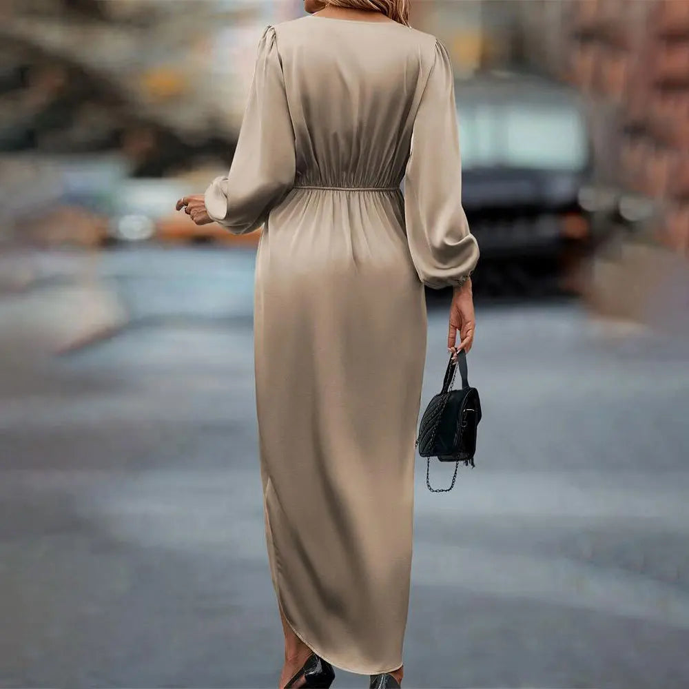 New Elegant Women's Maxi Dress With Folded Pleats Irregular Long Sleeves Dress .