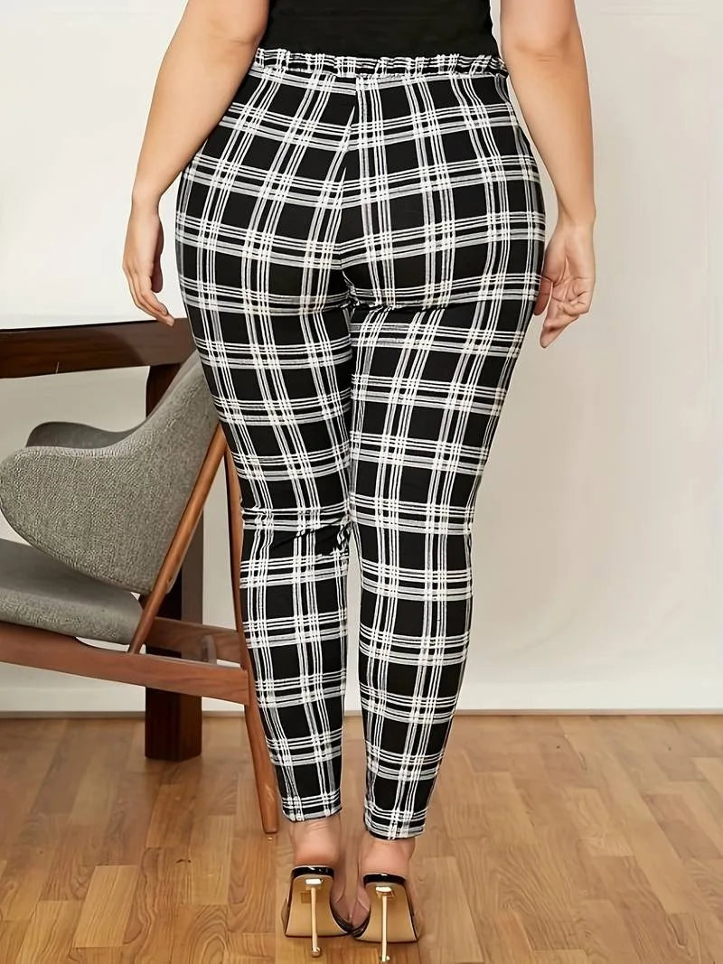 Posh Ladies Curvy Vintage Belted Plaid High Waist Pants.