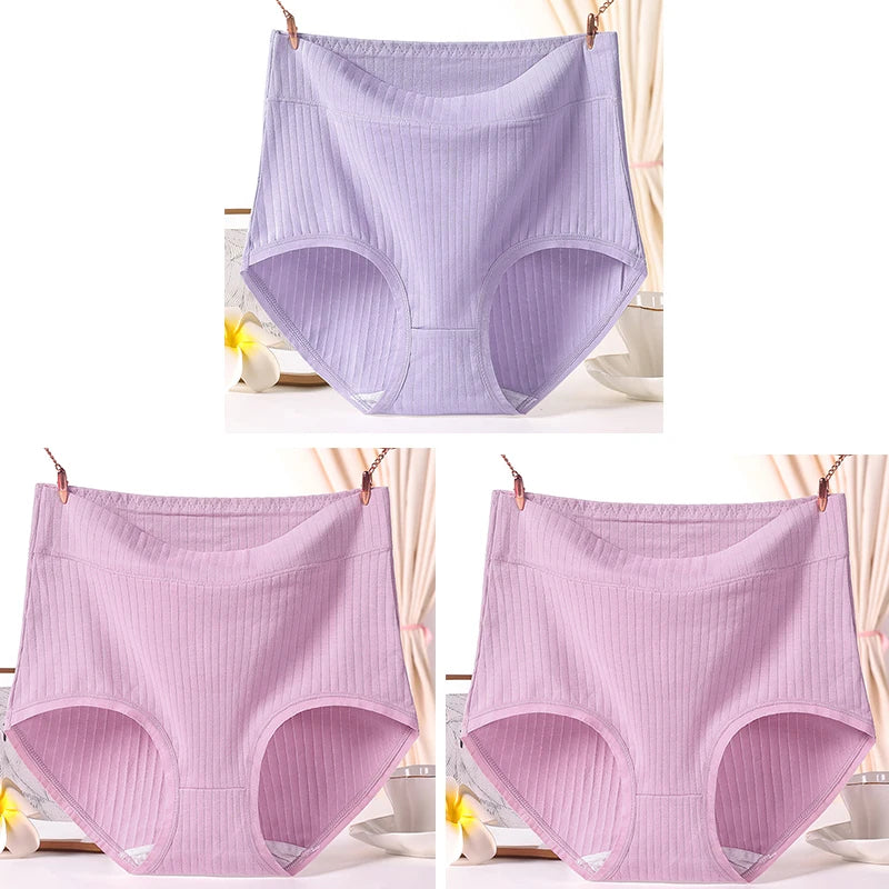 3pcs Ladies Plus Size High Quality Cotton Panties High Waist Breathable Briefs Solid Colour.