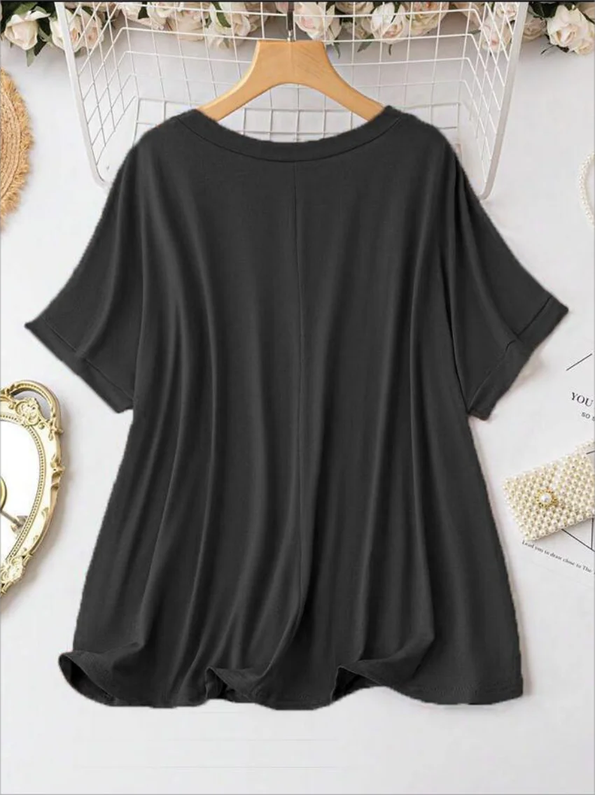 New Plus Size European Women's Casual V-neck Solid Shirt