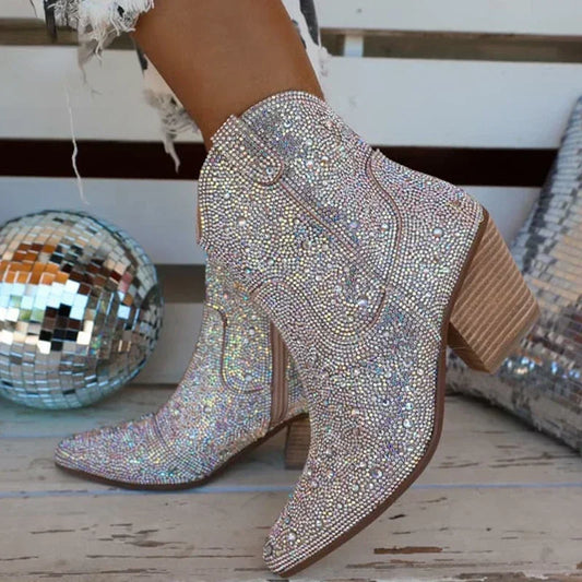 Western Cowboy Boot Fashion Women Ankle Boots Glitter Bling Shiny Trend High Quality Boot.   Botas De Mujer 2025