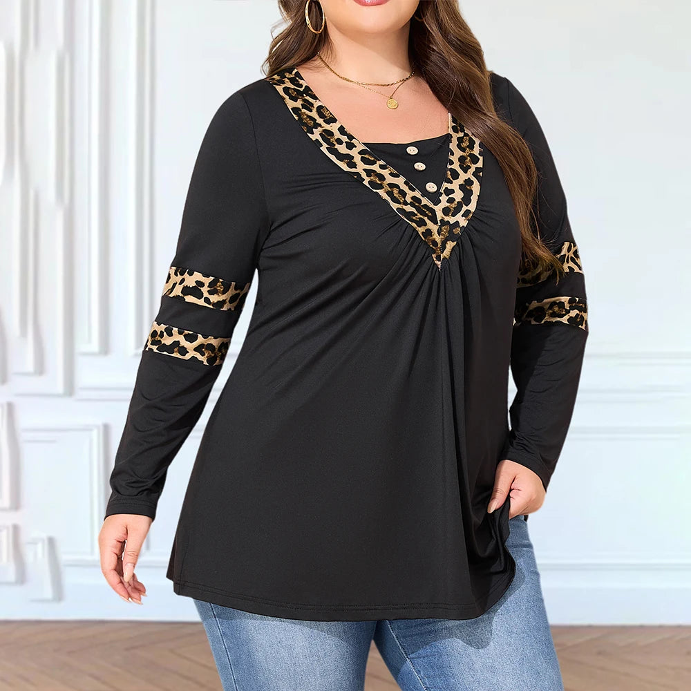 Plus Size Women's Leopard Long Sleeve Top Casual Loose And Comfortable