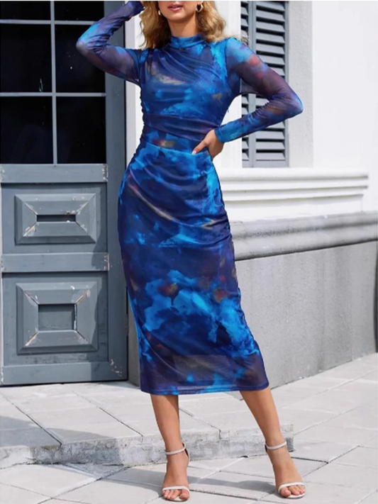 Blue Long Sleeved Fashionable Print Women's Dress High Street Fashion Slim Fit Dress.  S-2X