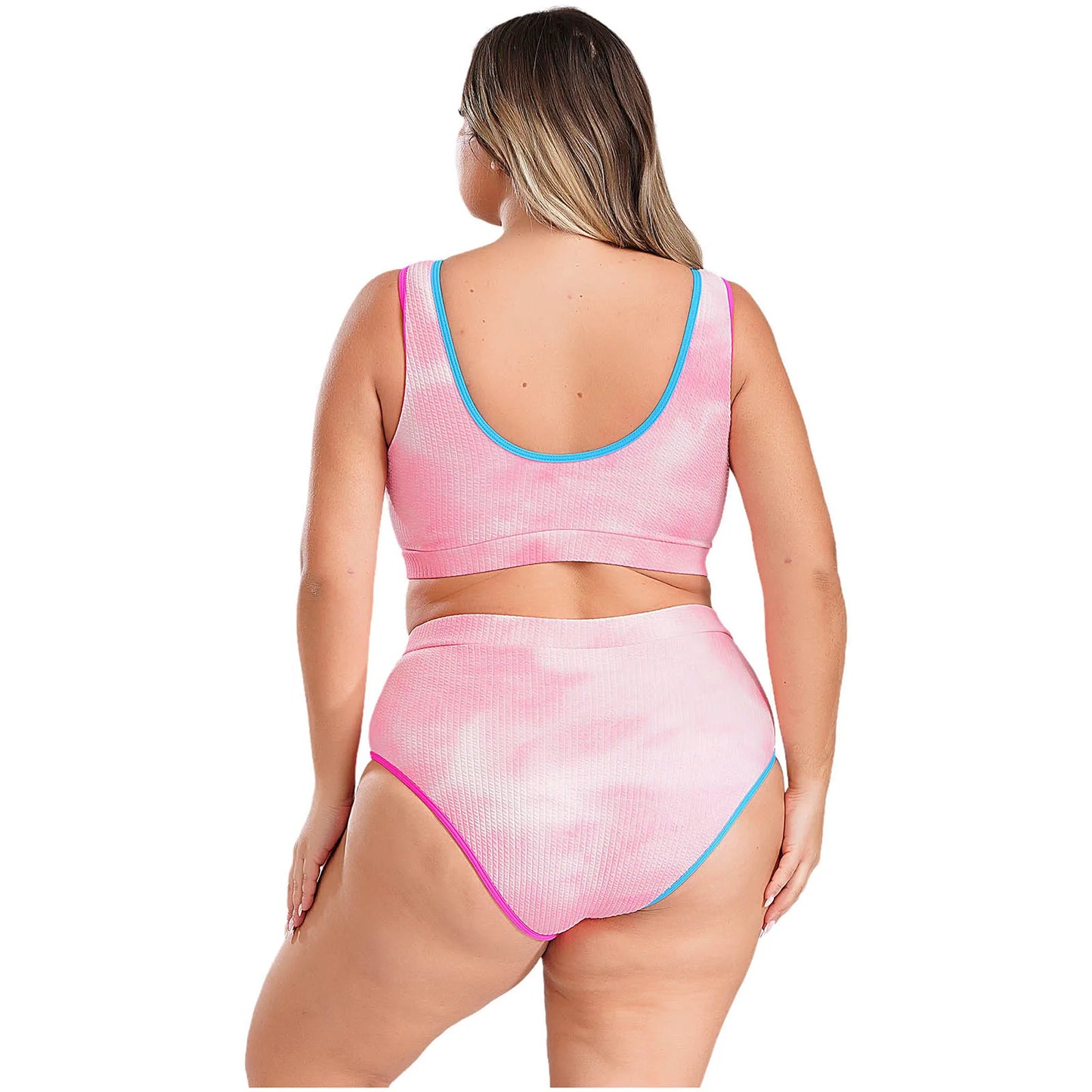 Womens Plus Size Sporty Swimsuit Two Pieces U Neck High Waisted Tankini Set Color Contrast Beach Swimming Bathing Suit Swimwear
