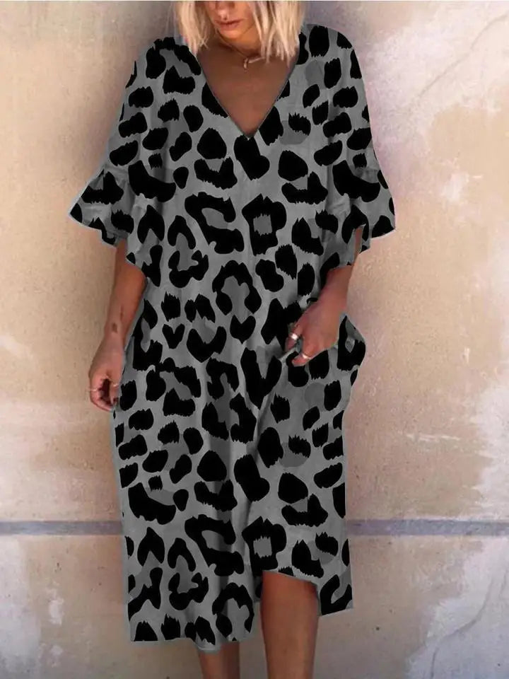 Fashion Leopard Print Dress Lady Casual Vintage V Neck Pullover Loose Dress.   S-3x