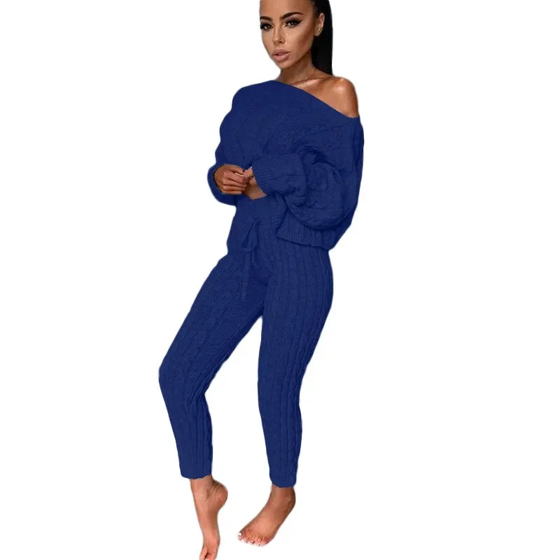 Ladies Comfy Two Piece Set Autumn and Winter Wear Pant Suit Solid Casual Knitted Sweater Set