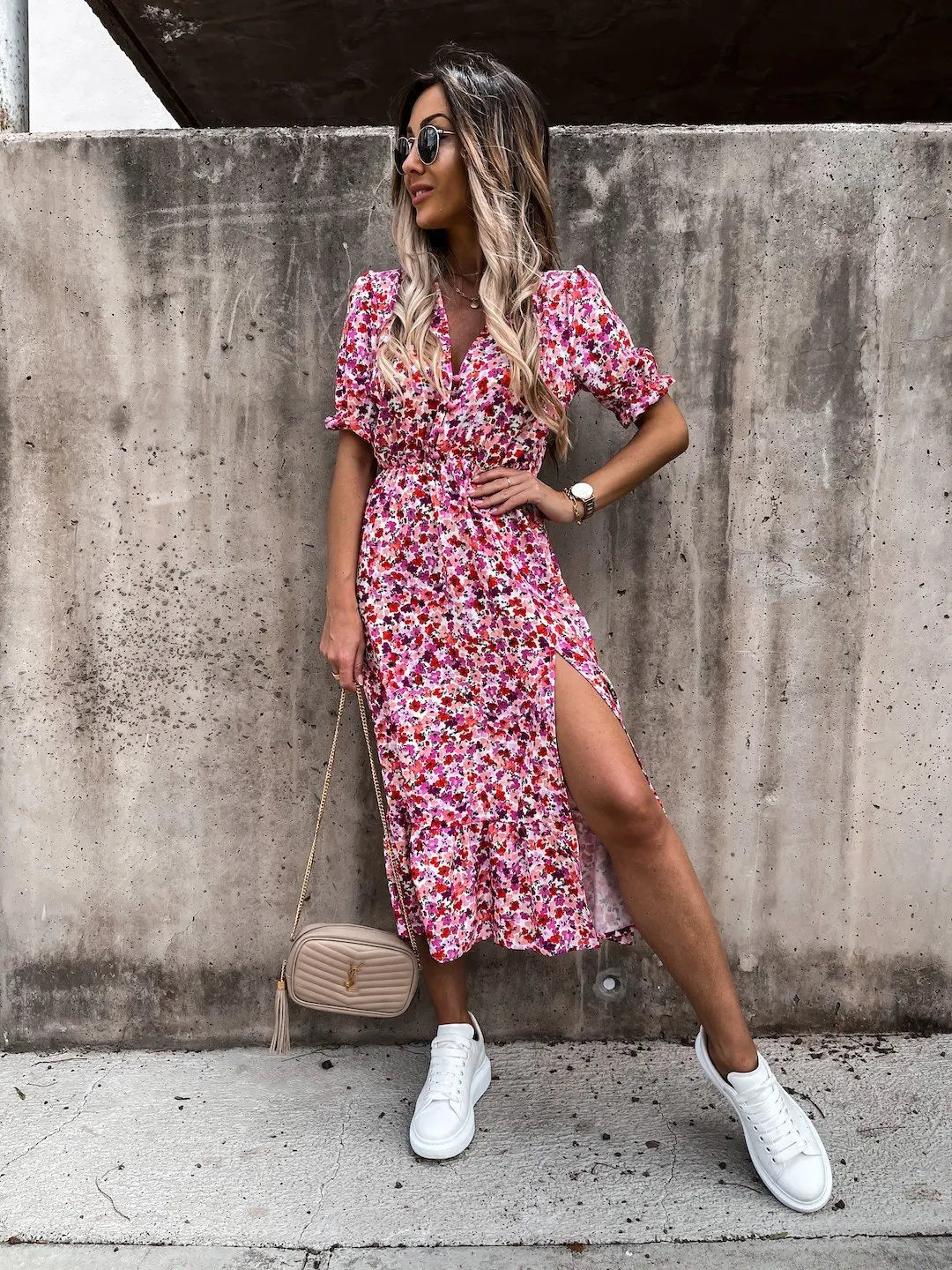 Summer Floral Print Dress V Neck Side Slit Short Sleeve Button Slim Spring Party Dress.  S-3X