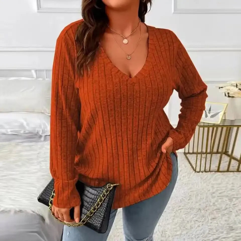 Plus Size Long Sleeve Casual Fashion V Neck Solid Colour Tops