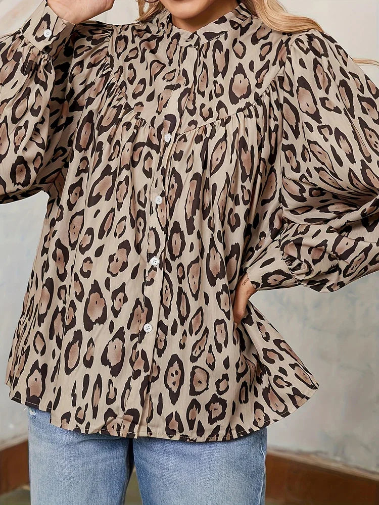 Plus Size 2025 Spring and Summer New Leopard Print Loose Long Sleeve Elegant Top