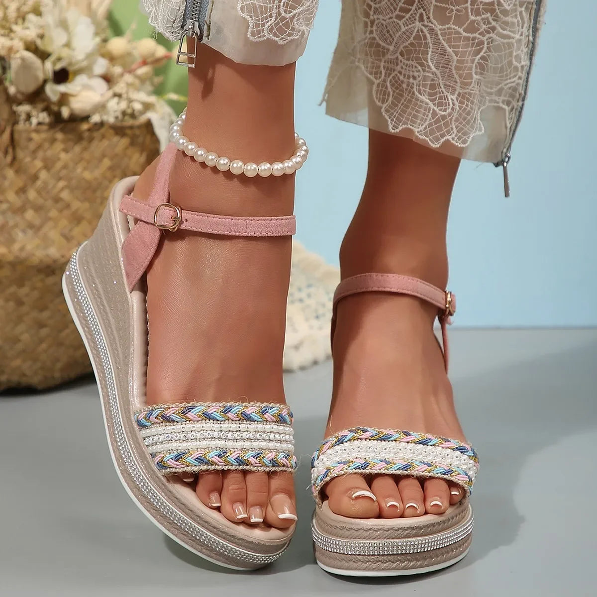 Open Toe Women's Sandals Fashion Floral Buckle Strap Wedges Shoe