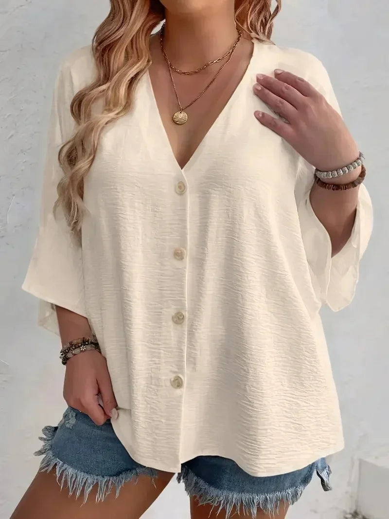 Women's Plus-size Shirt Solid Color Breathable  V-neck Button Casual Wear with European Style.  1X-5X