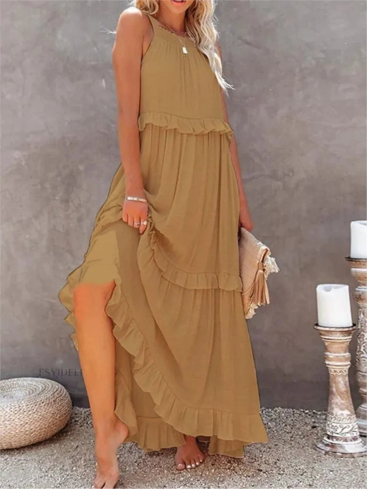 Women's Spring Summer New Collection Solid Colour Fashionable Ruffle Edge Long Dress.  S-xxL