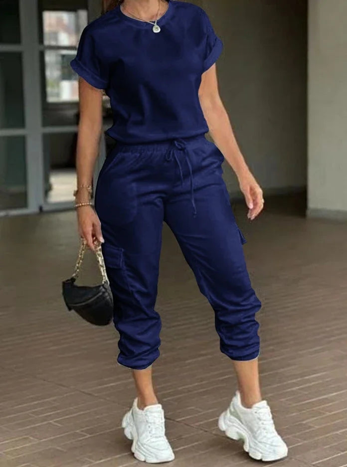 Ladies Sporty Two Piece Set Color block Denim Look Round Neck Short Sleeve Top & Drawstring Pants