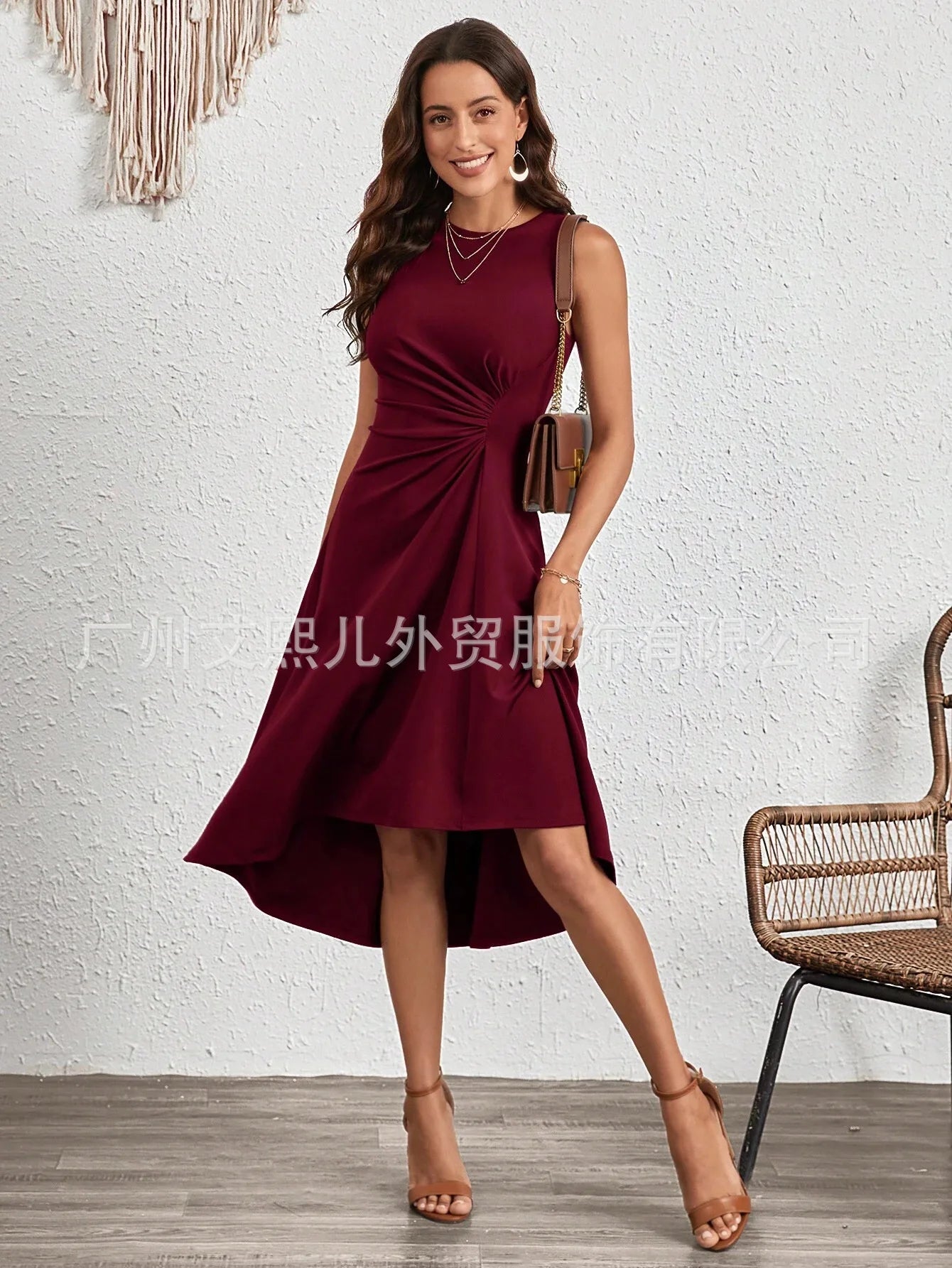 Women's Elegant Evening Dress Sexy Sleeveless Solid Colour O Neck Folds Waist Midi Dress Luxury Summer Party Cocktail Dress.   S-XL