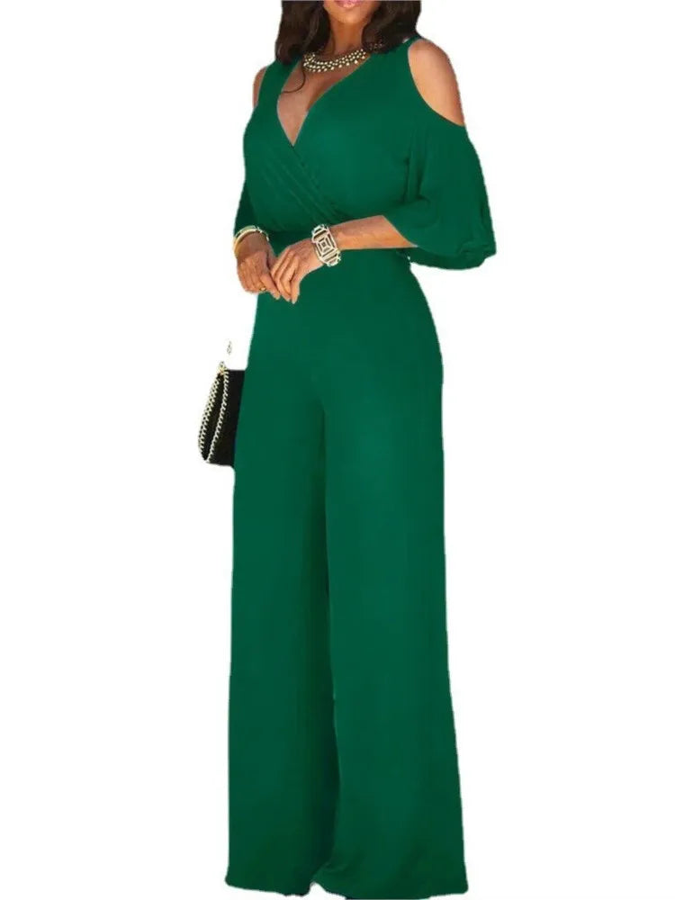Spring Summer Solid Color Women Sexy Deep V Neck Short Sleeve Rompers Fashion Slim Fit Lace Up Elegant Female Wide Leg Jumpsuit.  S-2X