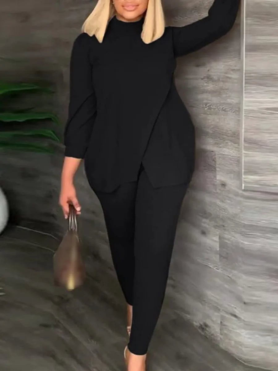 Plus Size Turtleneck Split Pants Set Solid Colour Loose Casual Slim Pants Two Piece Set
