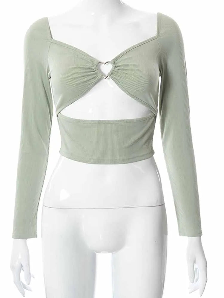 Hollow-Out Long Sleeve Crop Top Spring Fall Casual Fashion Slim Ribbed Backless